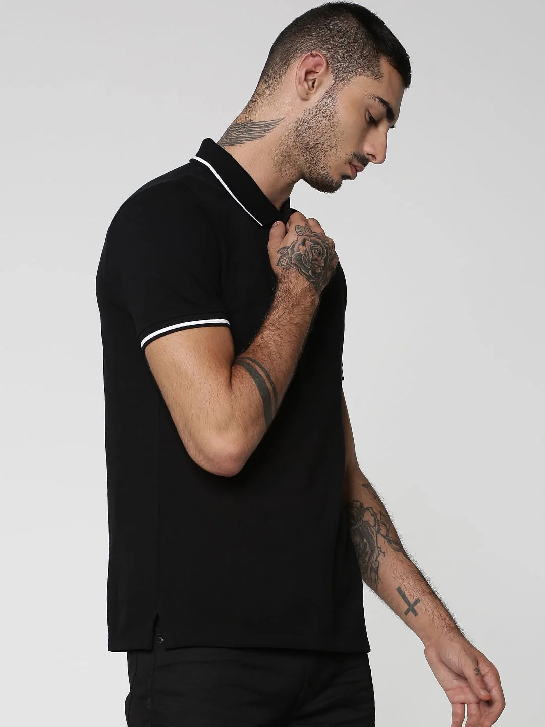 Black Contrast Tipping Polo Neck T-shirt - Image 3
