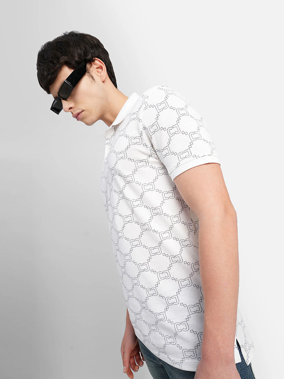 White All Over Print Polo Neck T-shirt
