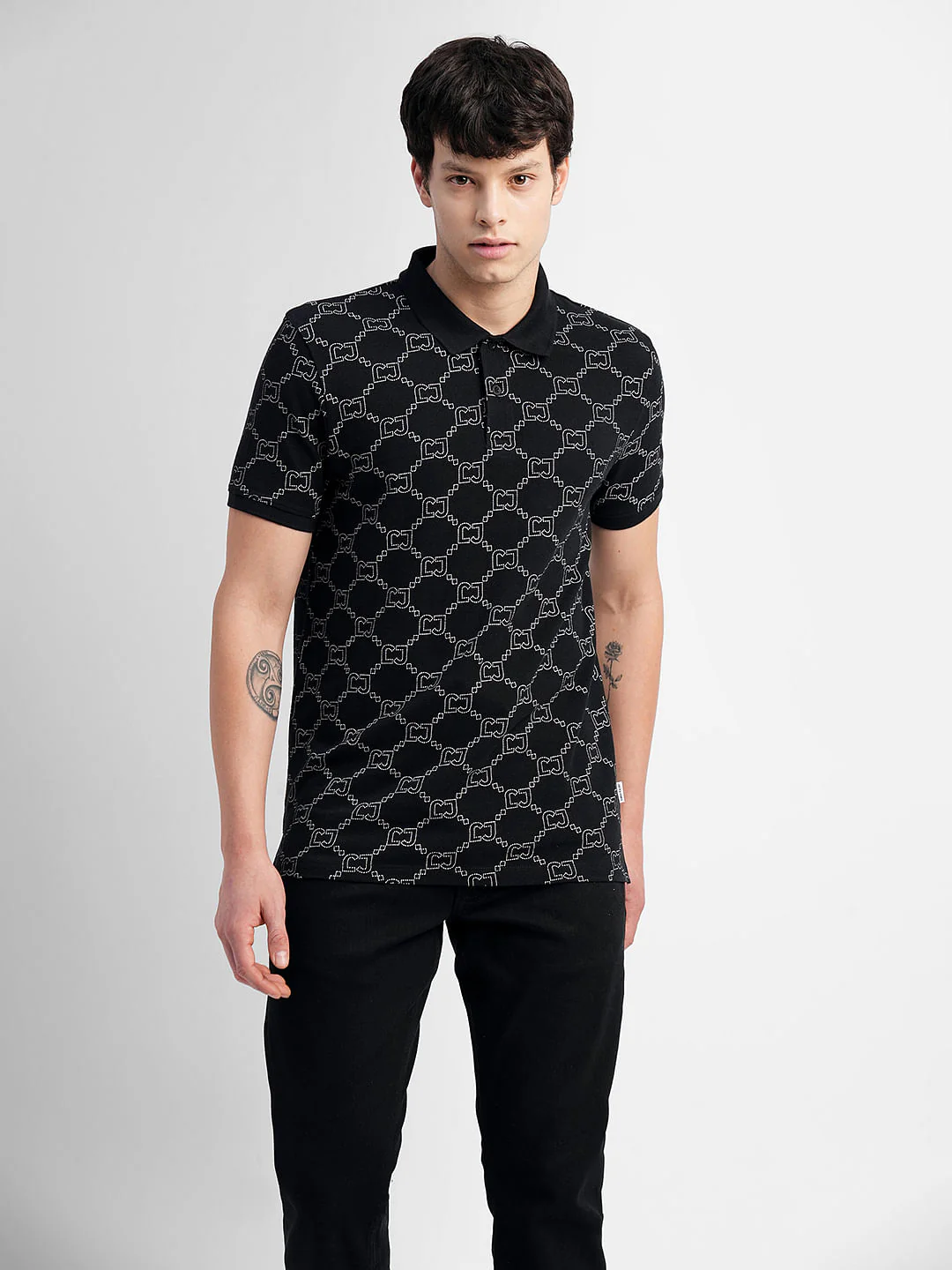 Black All Over Print Polo Neck T-shirt - Image 2