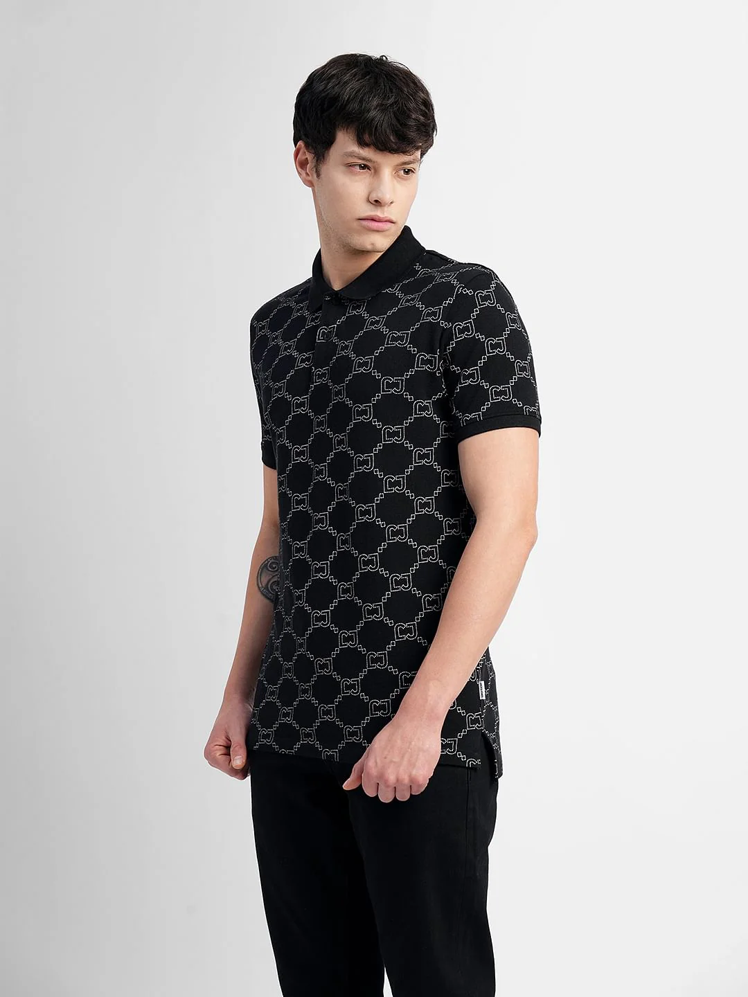Black All Over Print Polo Neck T-shirt - Image 3
