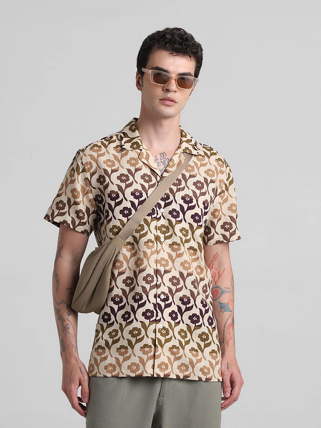 Beige Printed Short Sleeves Shirt