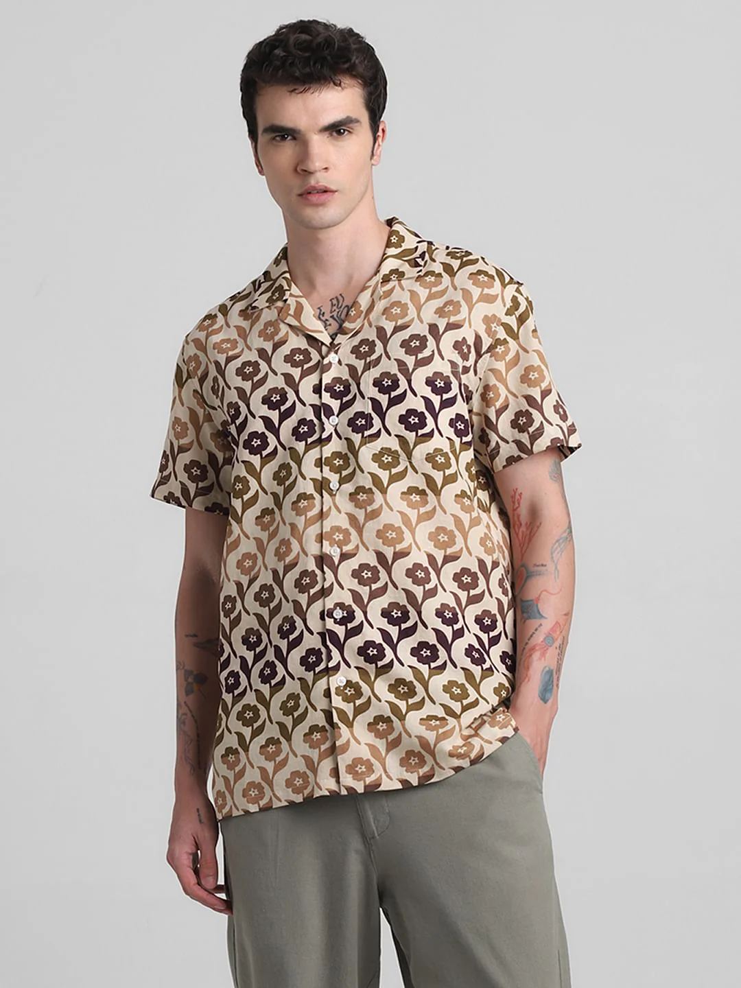 Beige Printed Short Sleeves Shirt - Image 2