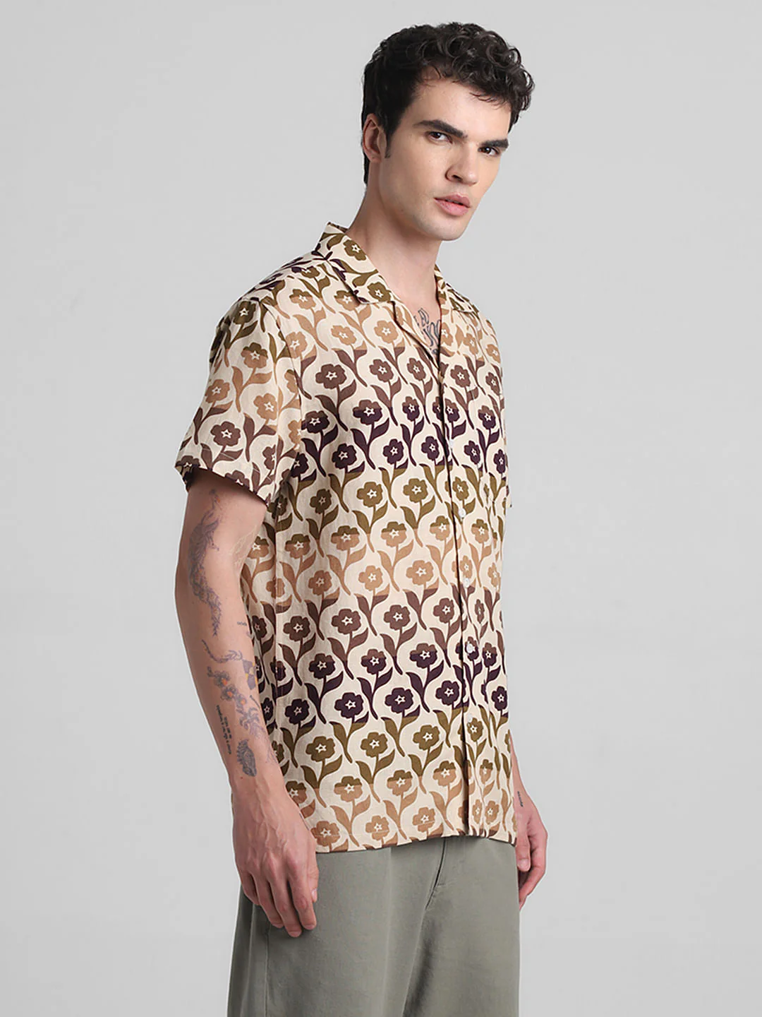 Beige Printed Short Sleeves Shirt - Image 3