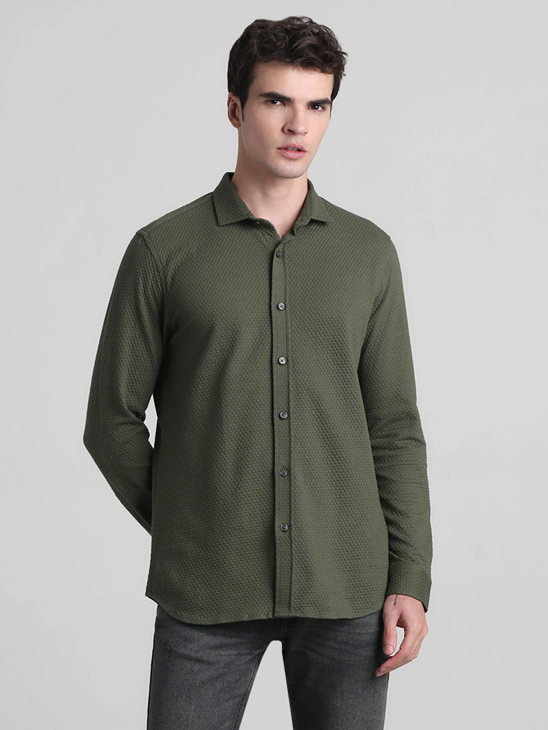 Olive Dobby Full Sleeves Shirt - Image 2