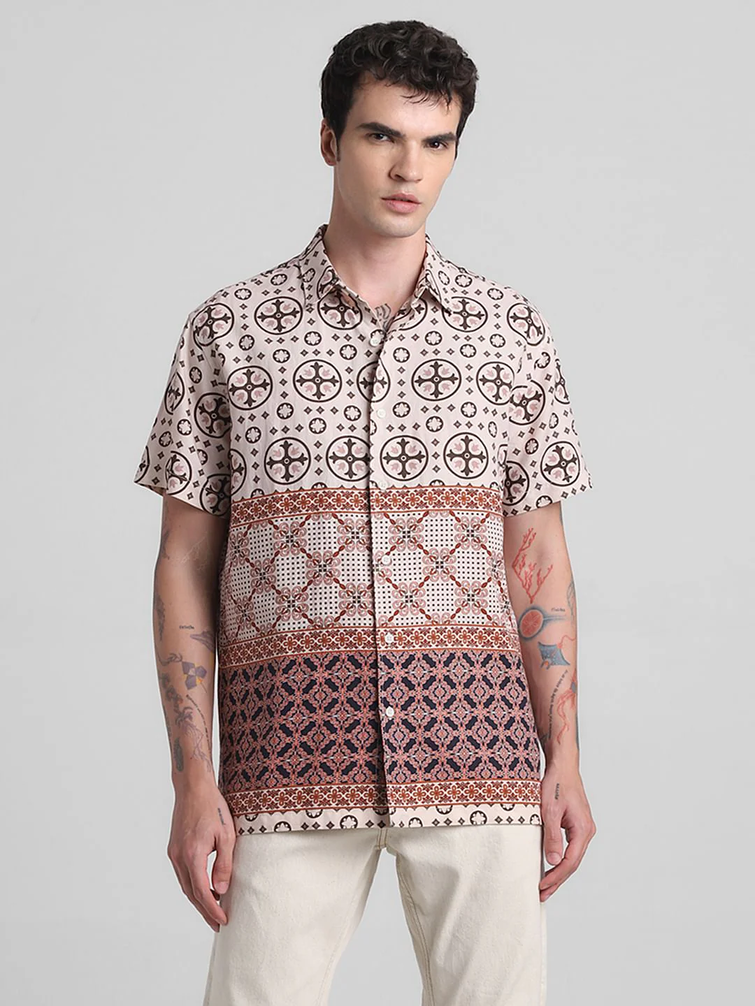 Beige Abstract Print Short Sleeves Shirt - Image 2