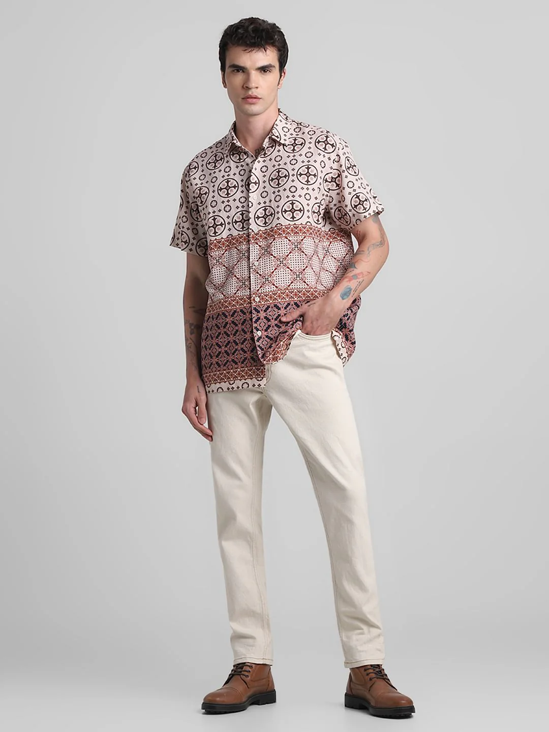 Beige Abstract Print Short Sleeves Shirt - Image 6