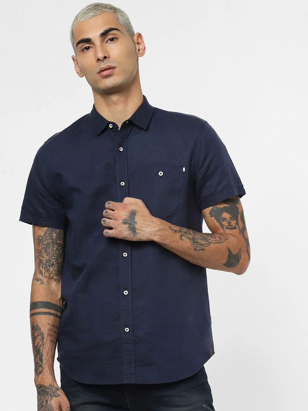Dark Blue Linen Short Sleeves Shirt - Image 2