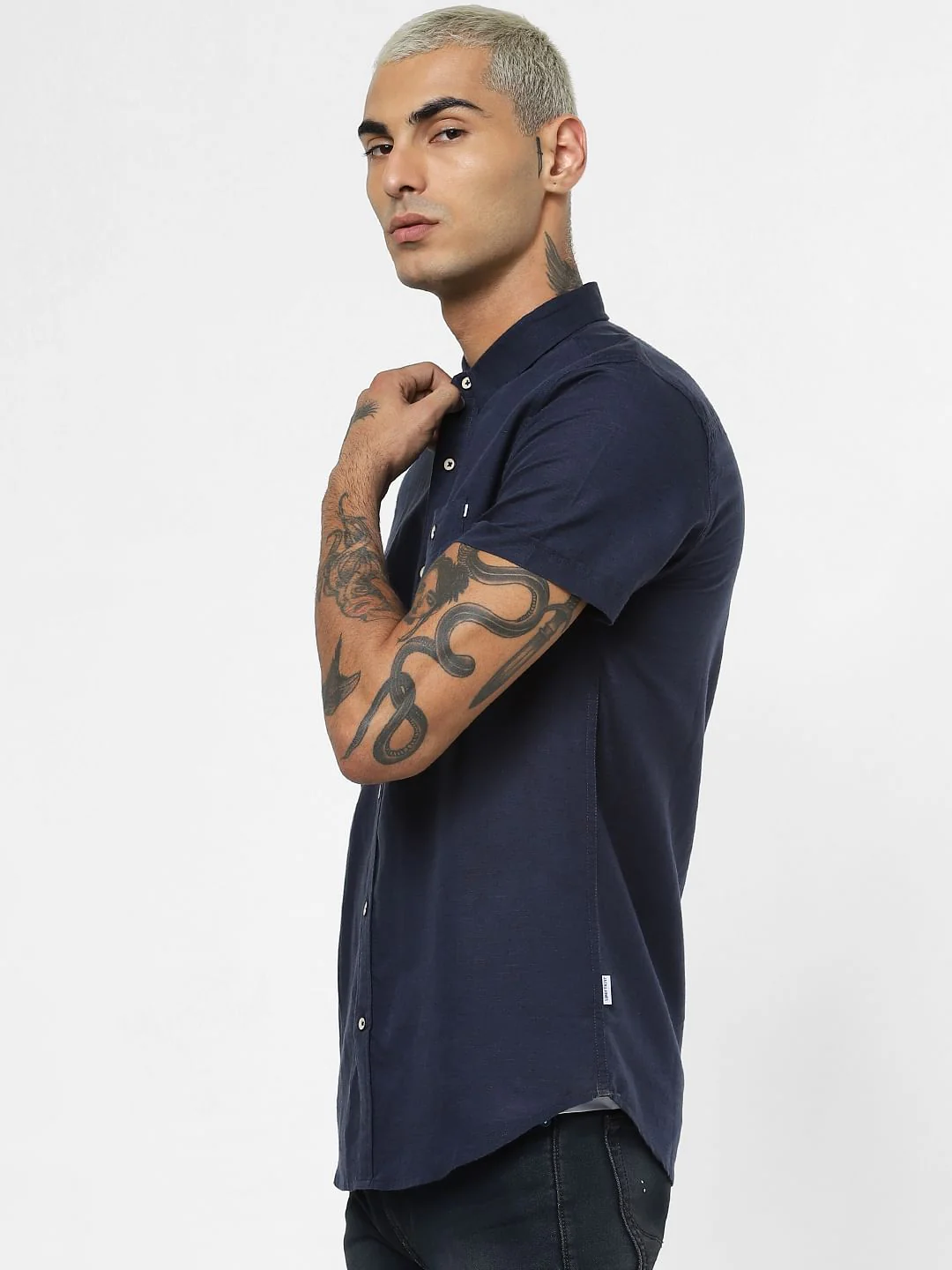 Dark Blue Linen Short Sleeves Shirt - Image 3