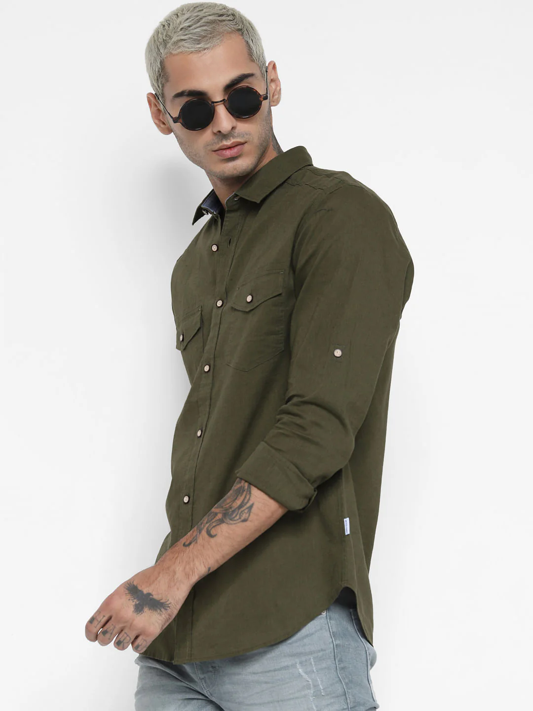 Green Washed Linen Full Sleeves Shirt