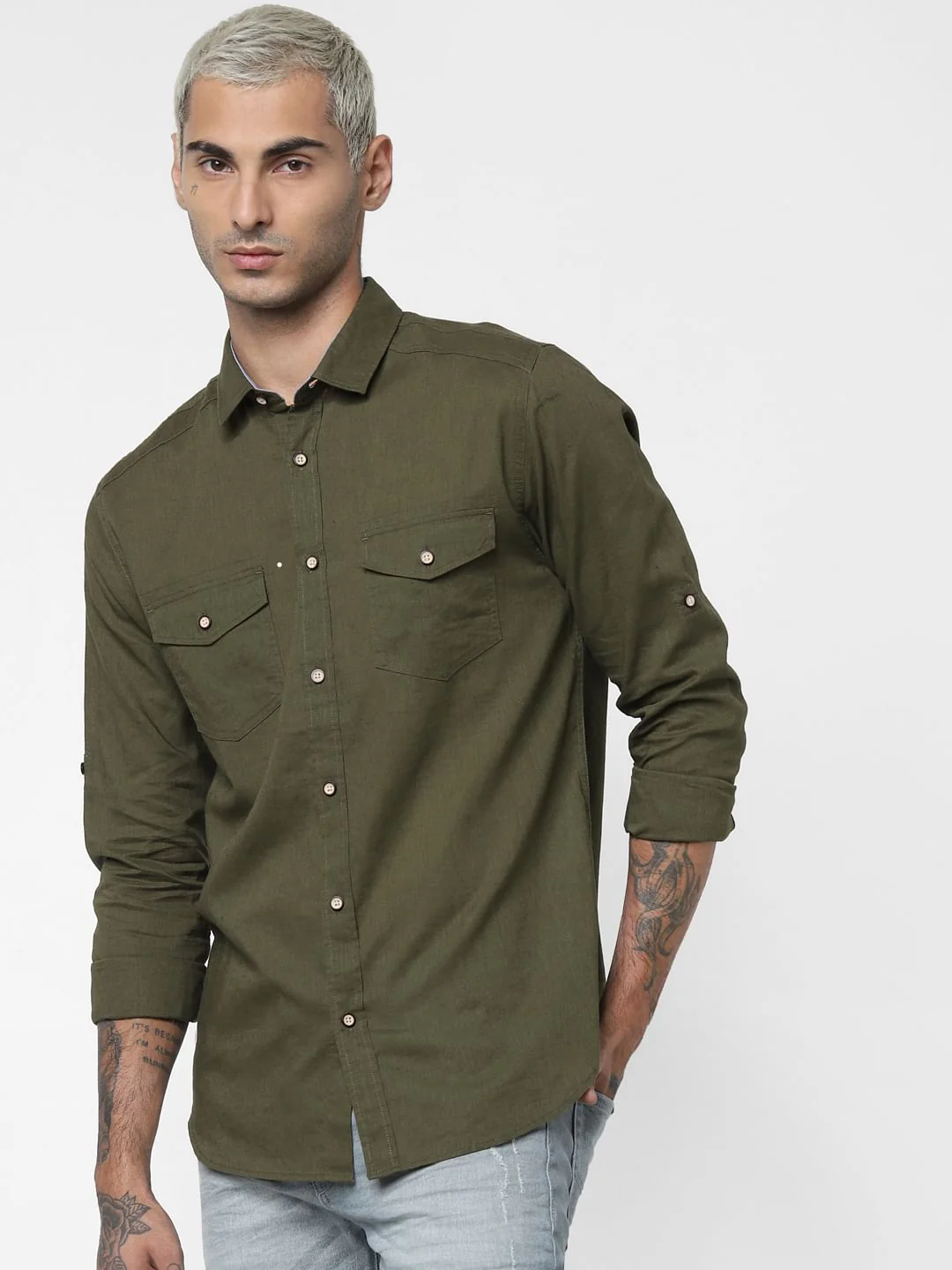 Green Washed Linen Full Sleeves Shirt - Image 2