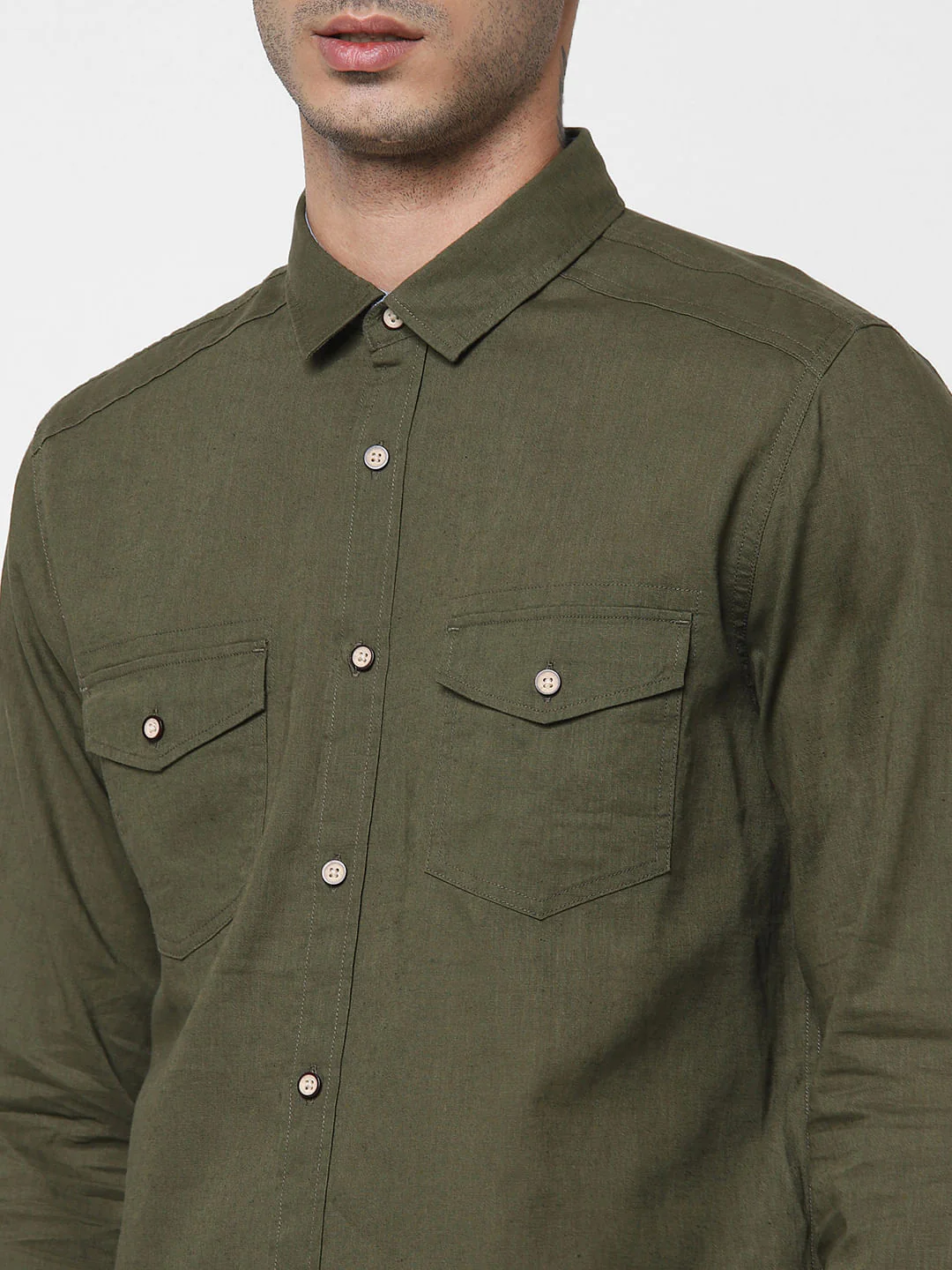 Green Washed Linen Full Sleeves Shirt - Image 5