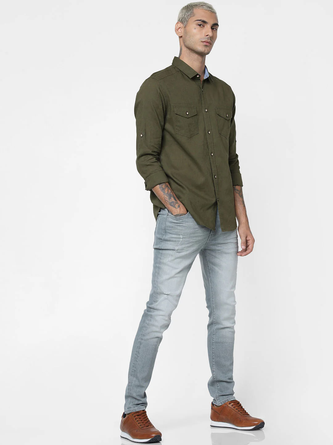 Green Washed Linen Full Sleeves Shirt - Image 6