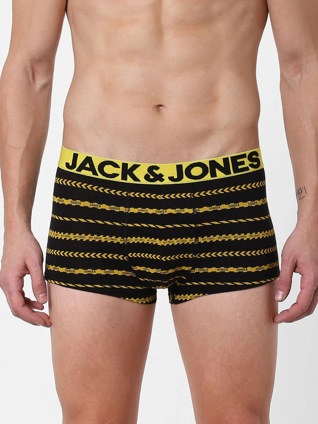 Black Caution Striped Brazilian Trunks