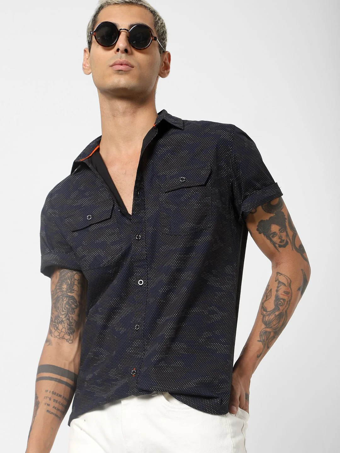 Black Camo Print Short Sleeves Shirt