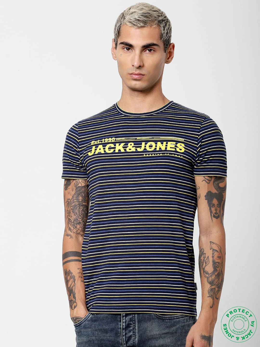 Navy Blue Striped Crew Neck T-shirt - Image 2