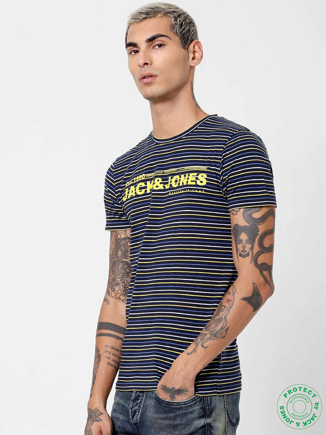 Navy Blue Striped Crew Neck T-shirt - Image 3