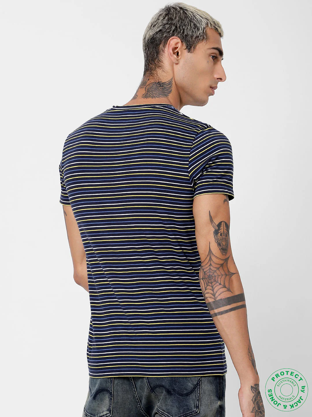 Navy Blue Striped Crew Neck T-shirt - Image 4