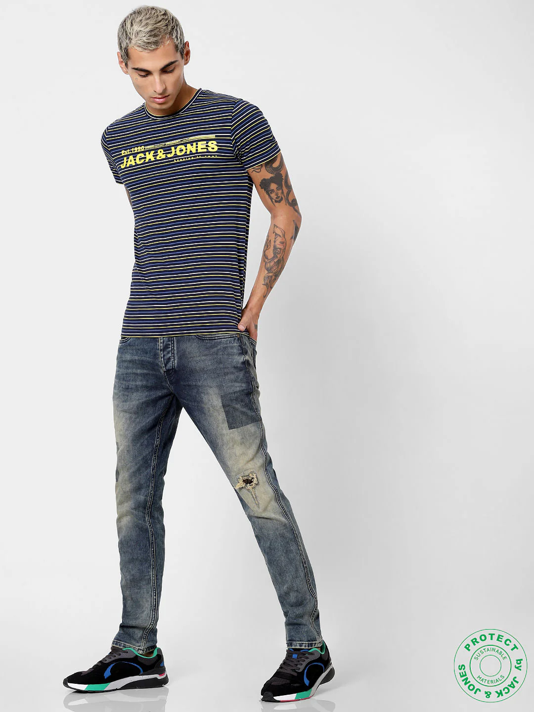 Navy Blue Striped Crew Neck T-shirt - Image 6