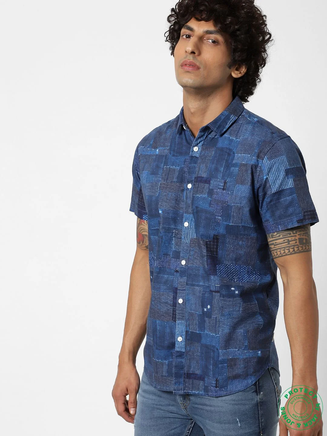 Blue All Over Patchwork Print Short Sleeves Shirt