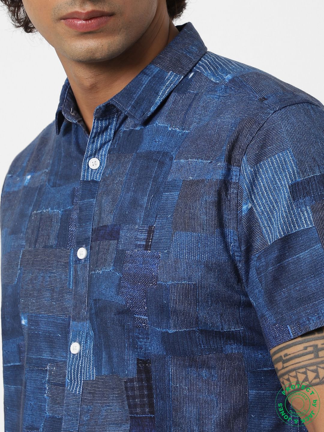 Blue All Over Patchwork Print Short Sleeves Shirt - Image 4