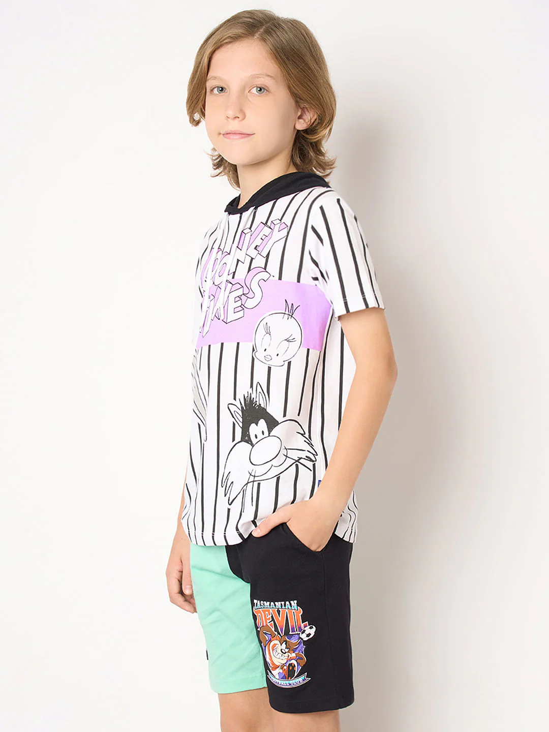 Looney Tunes White Striped Printed Hooded T-shirt - Image 3