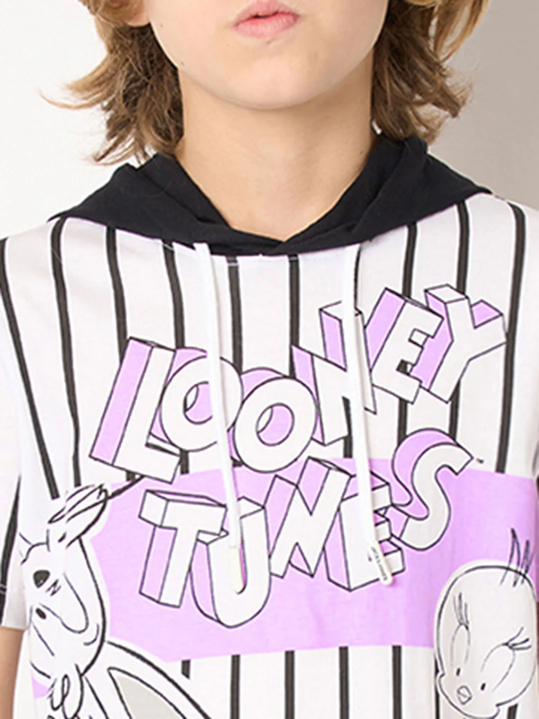 Looney Tunes White Striped Printed Hooded T-shirt - Image 6