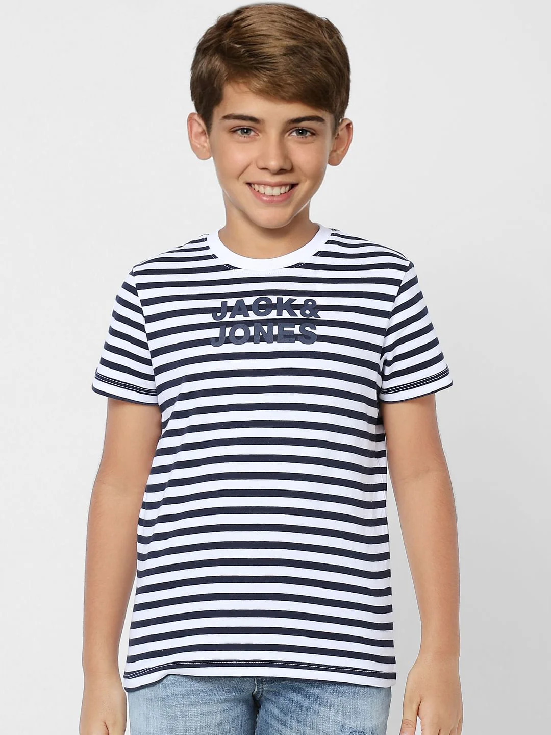 BOYS Navy Blue Striped Crew Neck T-shirt - Image 2