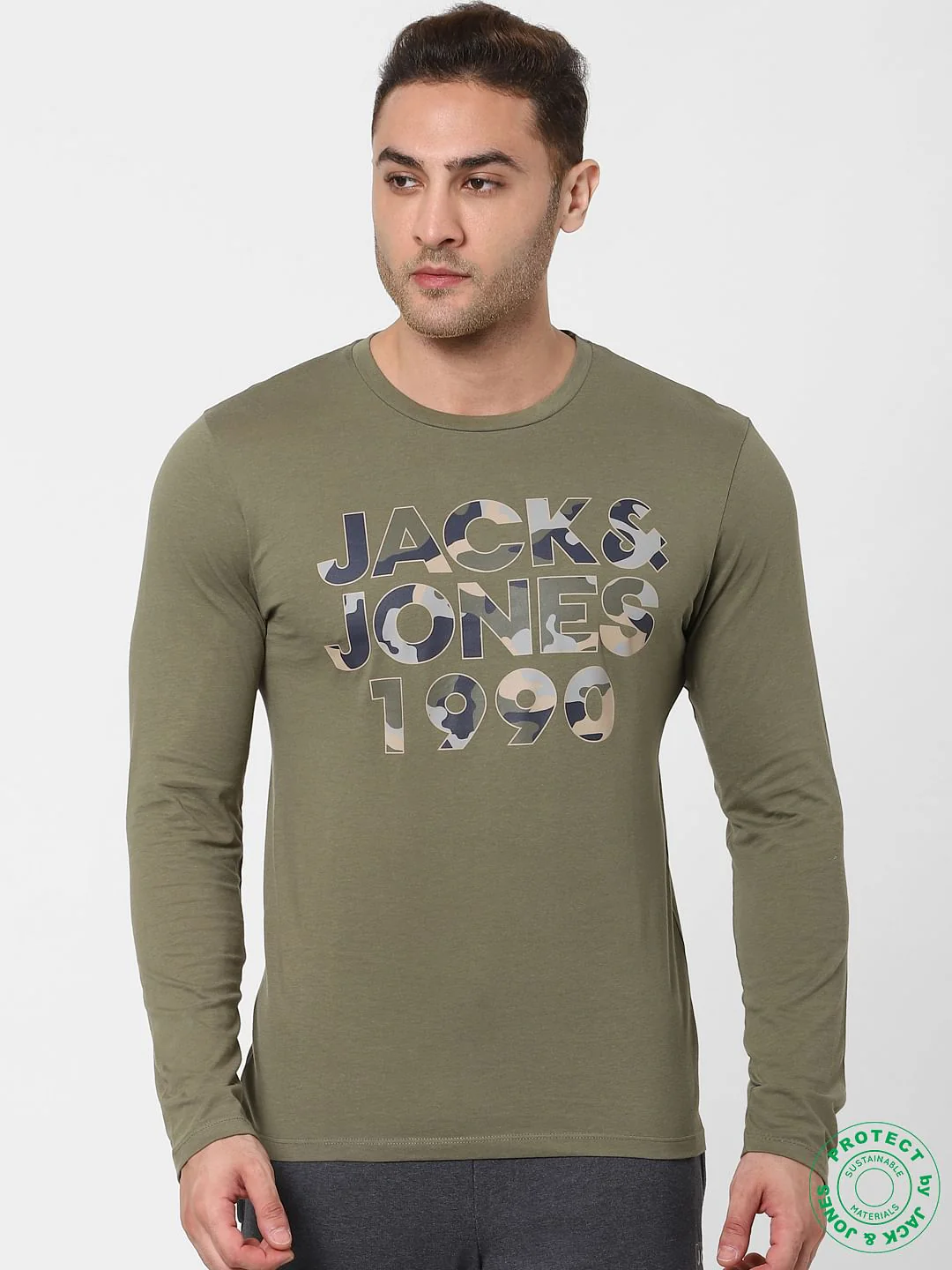 Olive Green Logo Print Full Sleeves Crew Neck T-shirt - Image 2