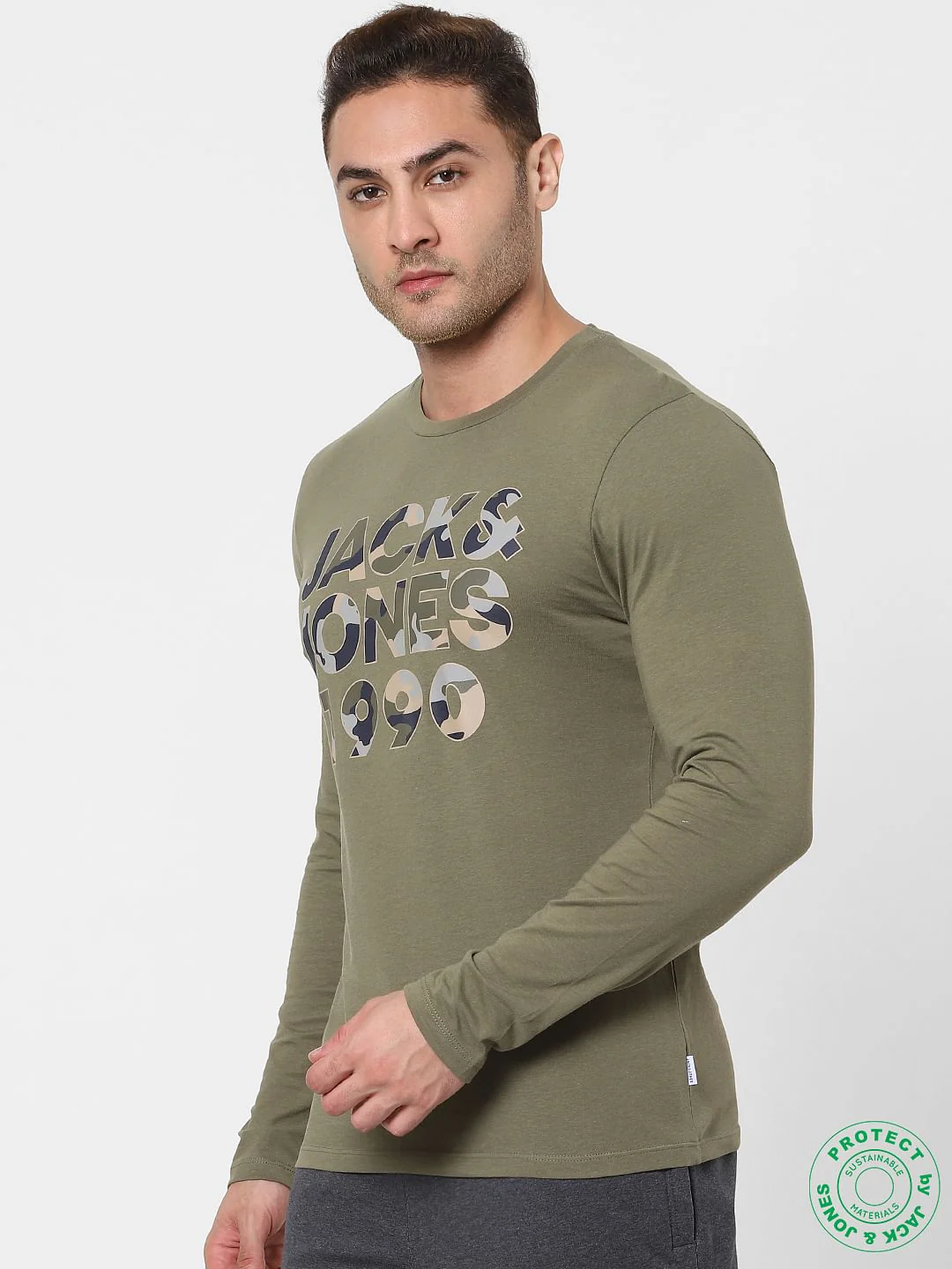 Olive Green Logo Print Full Sleeves Crew Neck T-shirt - Image 3