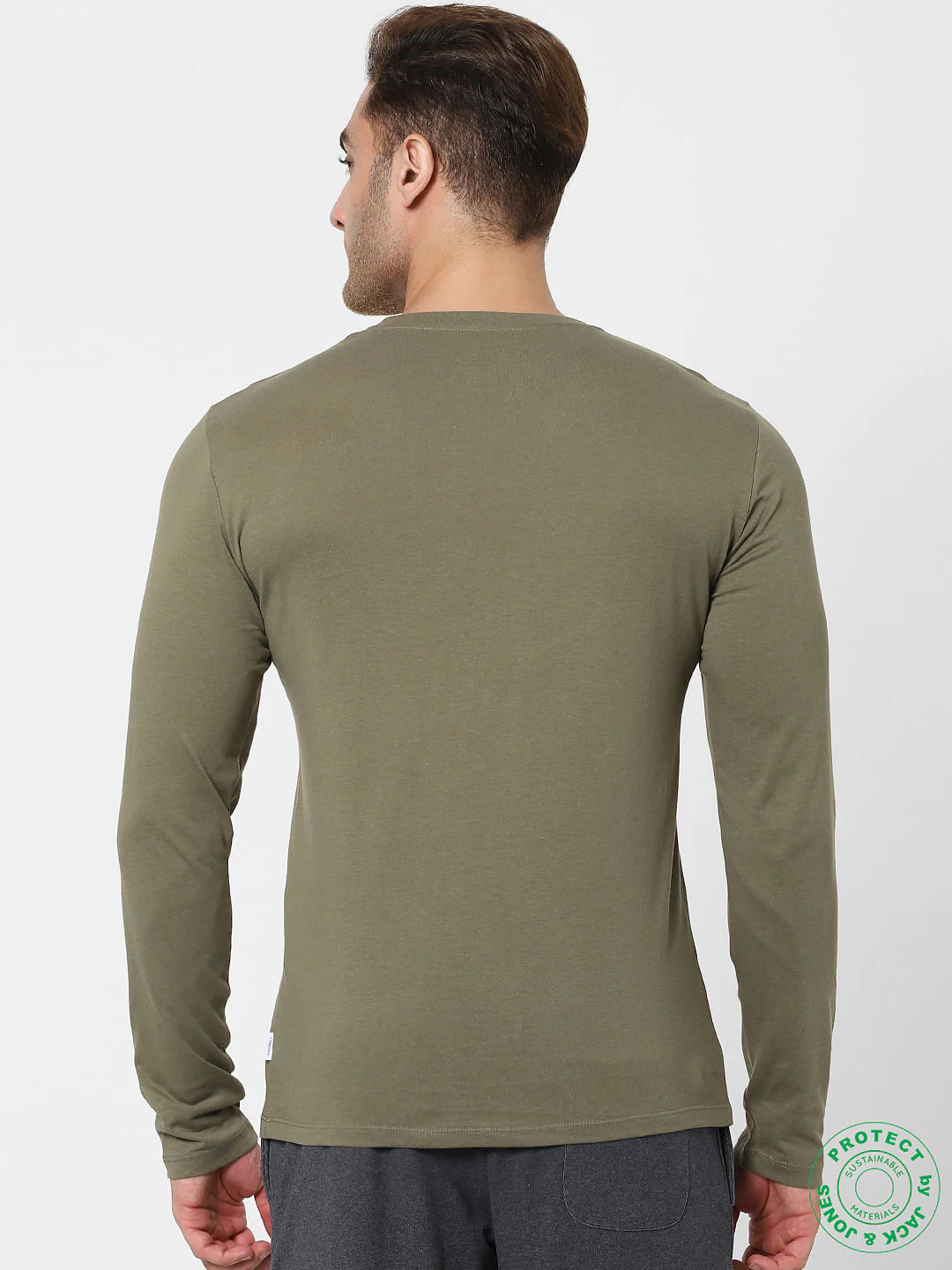Olive Green Logo Print Full Sleeves Crew Neck T-shirt - Image 4