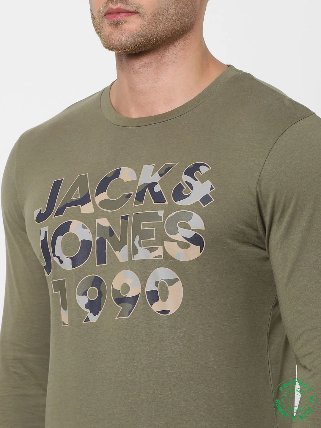 Olive Green Logo Print Full Sleeves Crew Neck T-shirt - Image 5