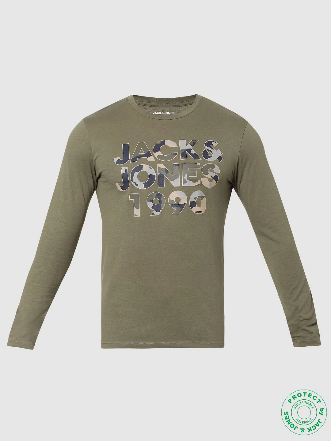 Olive Green Logo Print Full Sleeves Crew Neck T-shirt - Image 6