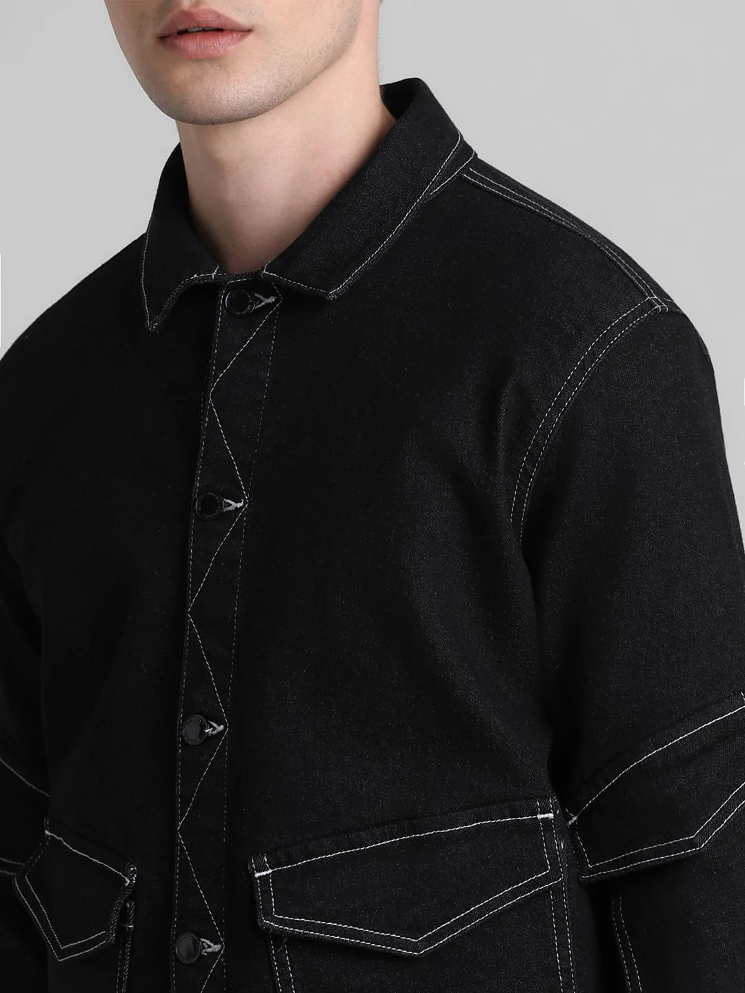 Black Contrast Stitch Shacket - Image 5