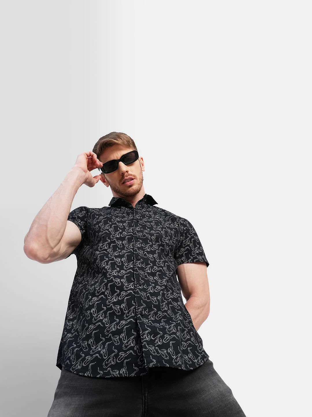 Black All Over Print Short Sleeves Shirt