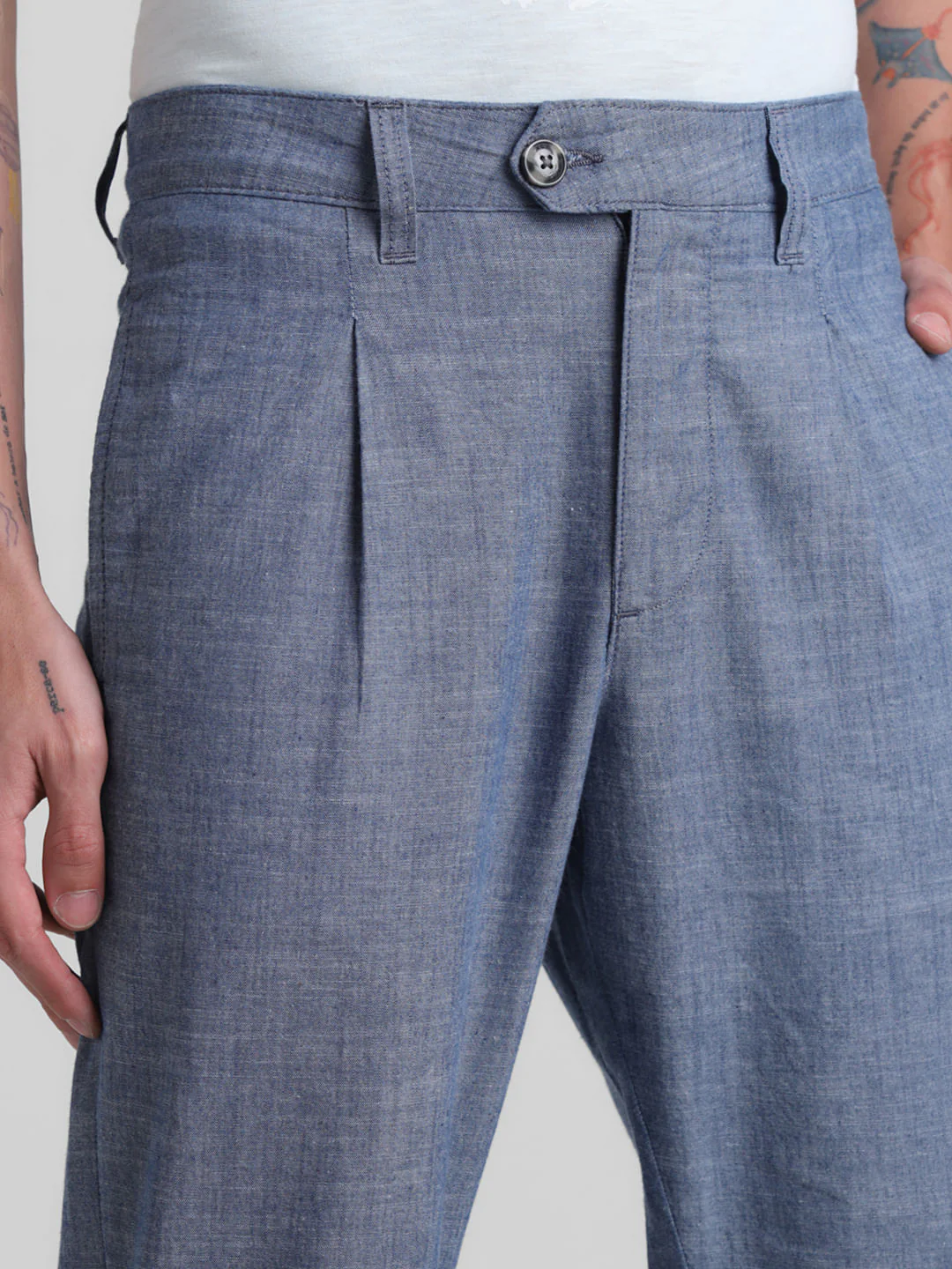 Blue Mid Rise Cotton Pants - Image 4