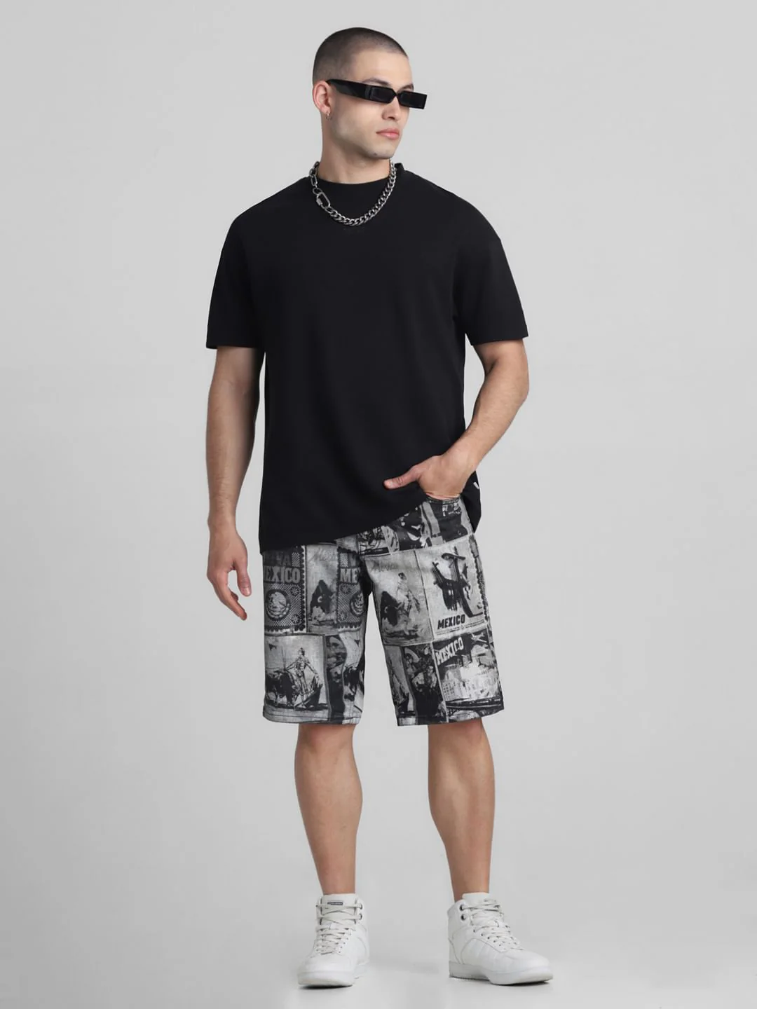 Black Printed Co-ord Set Denim Shorts - Image 5