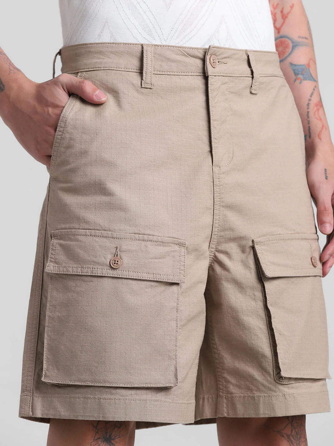Khaki Low Rise Slim Fit Cargo Shorts - Image 4
