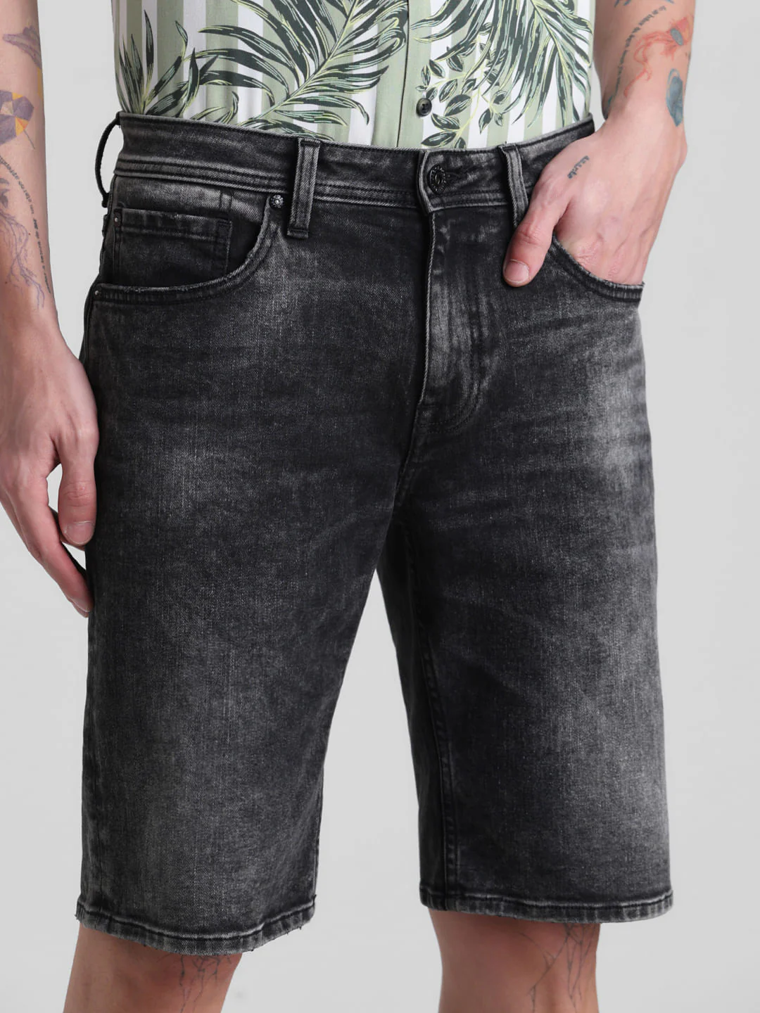 Black Low Rise Washed Denim Shorts - Image 4