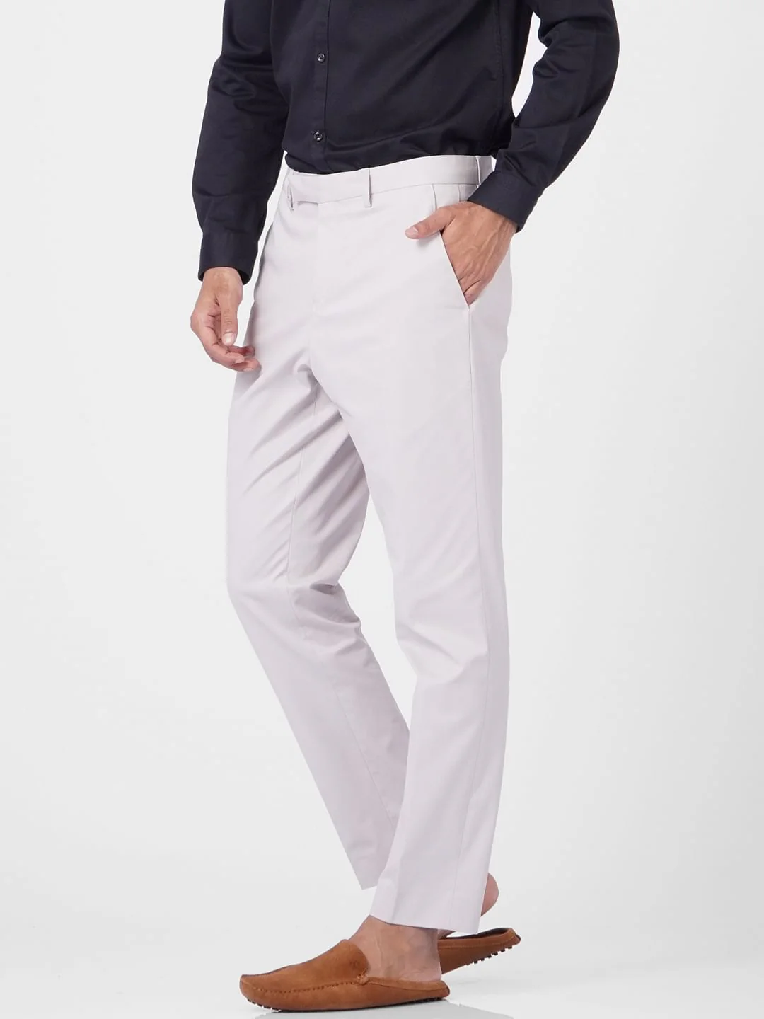 Grey Mid Rise Regular Fit Trousers - Image 3