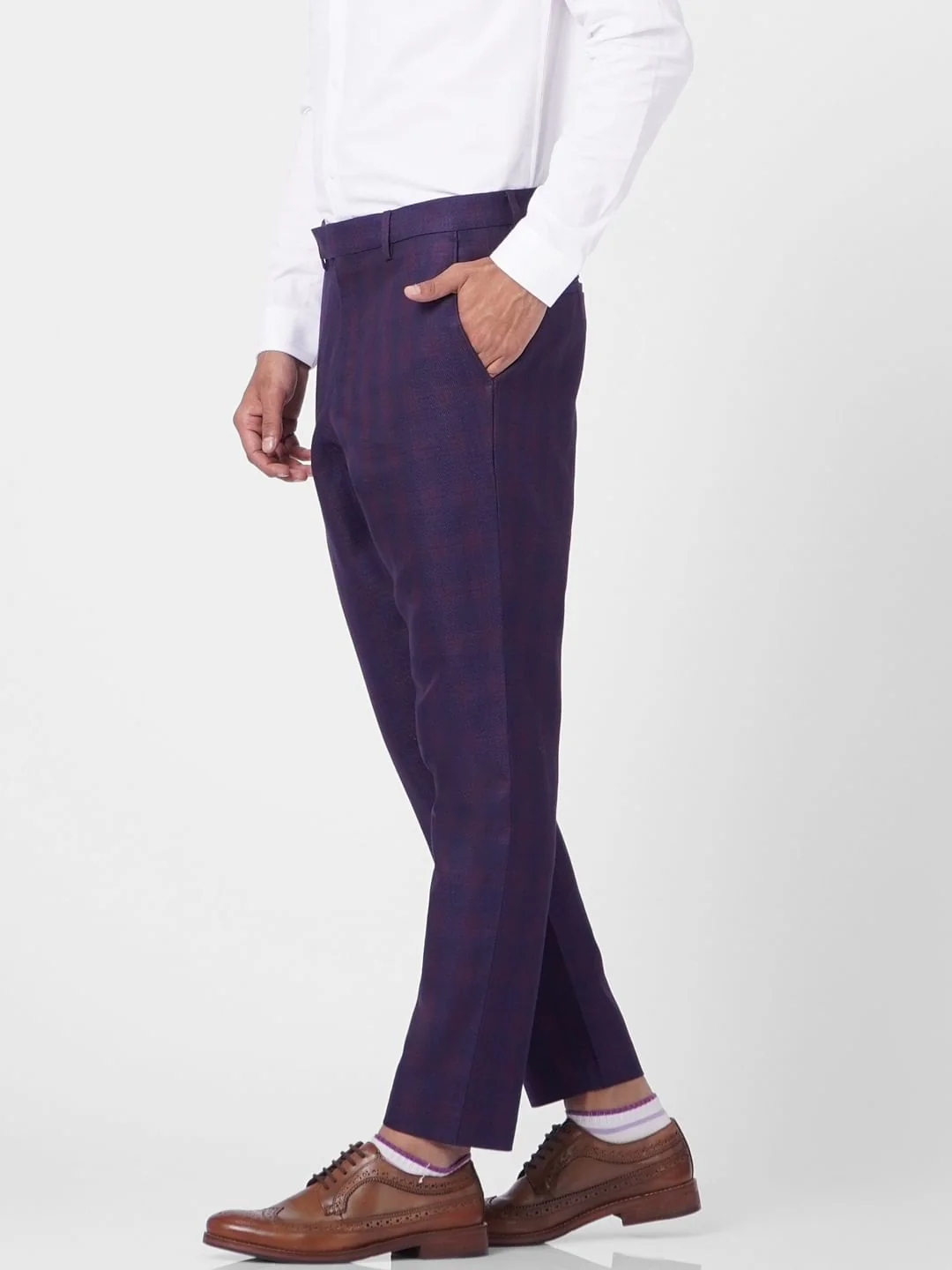 Purple Mid Rise Check Linen Trousers - Image 3