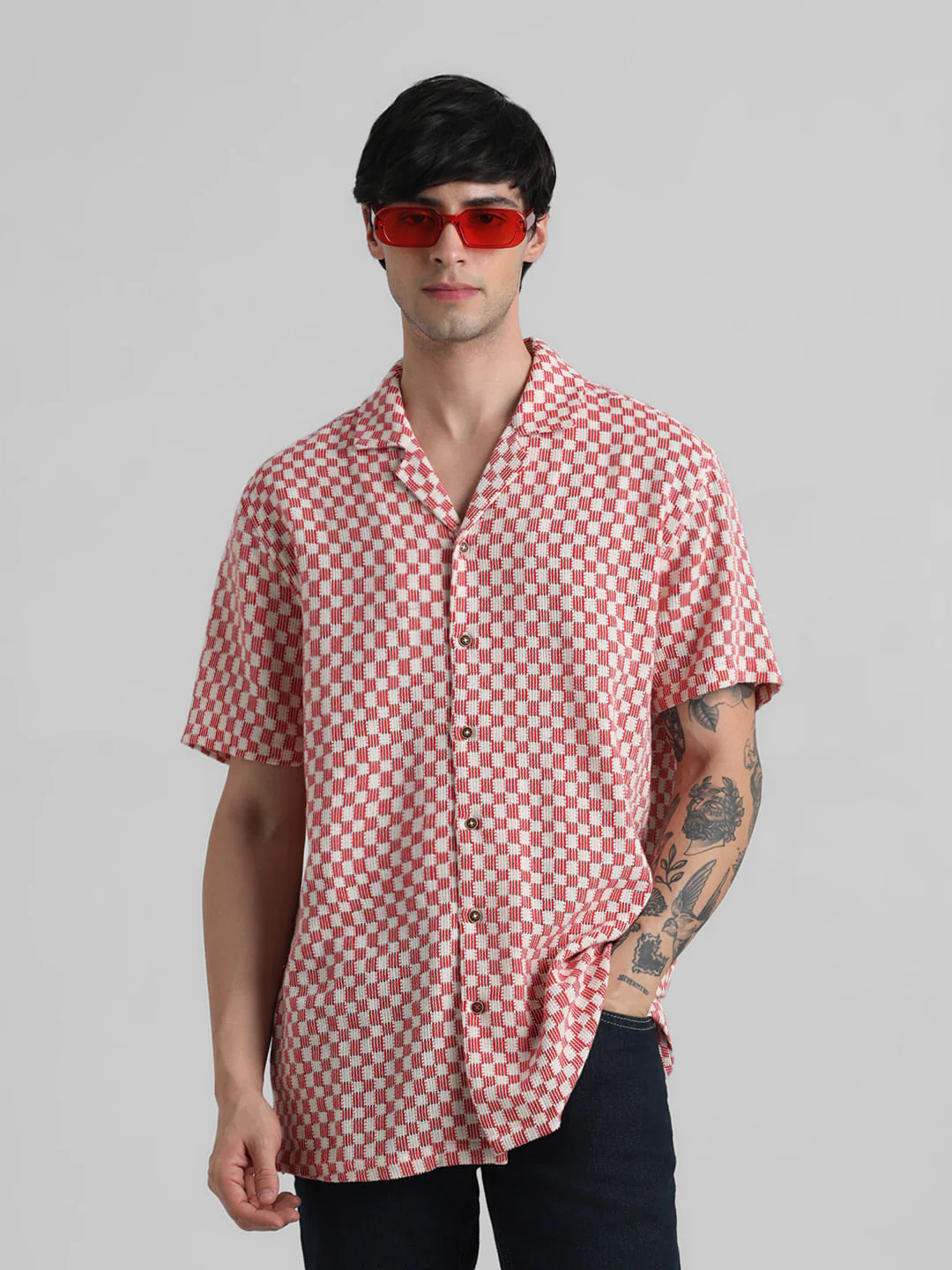 Red Printed Short Sleeves Shirt