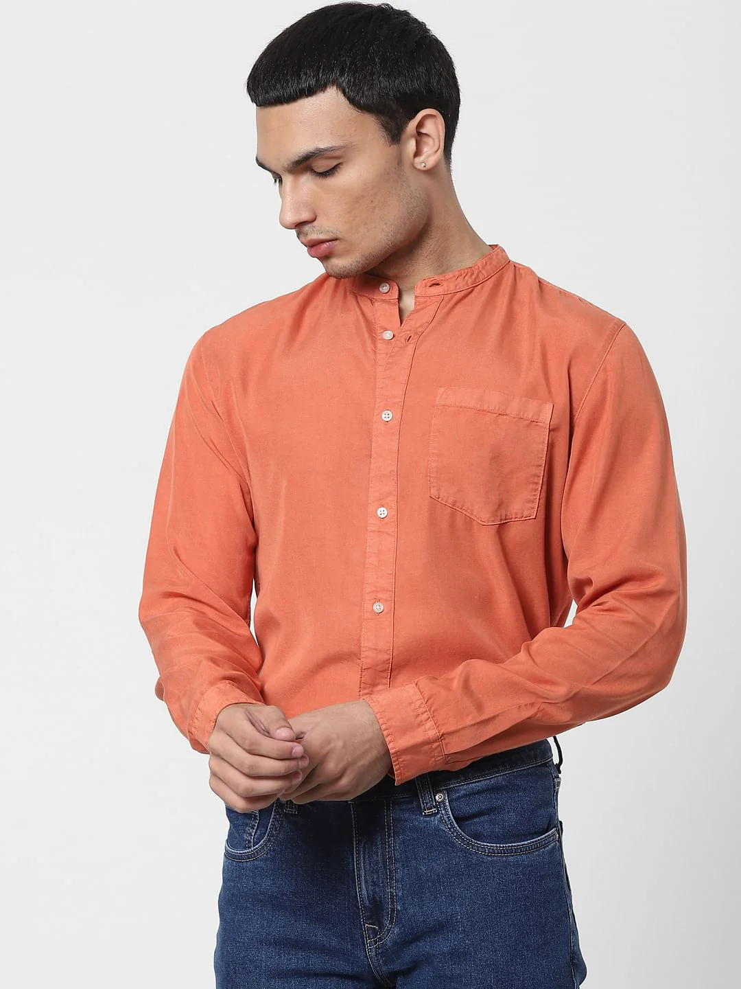 Orange Mandarin Collar Full Sleeves Shirt - Image 2