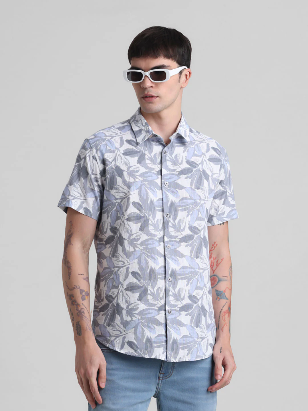 Grey Floral Short Sleeves Shirt