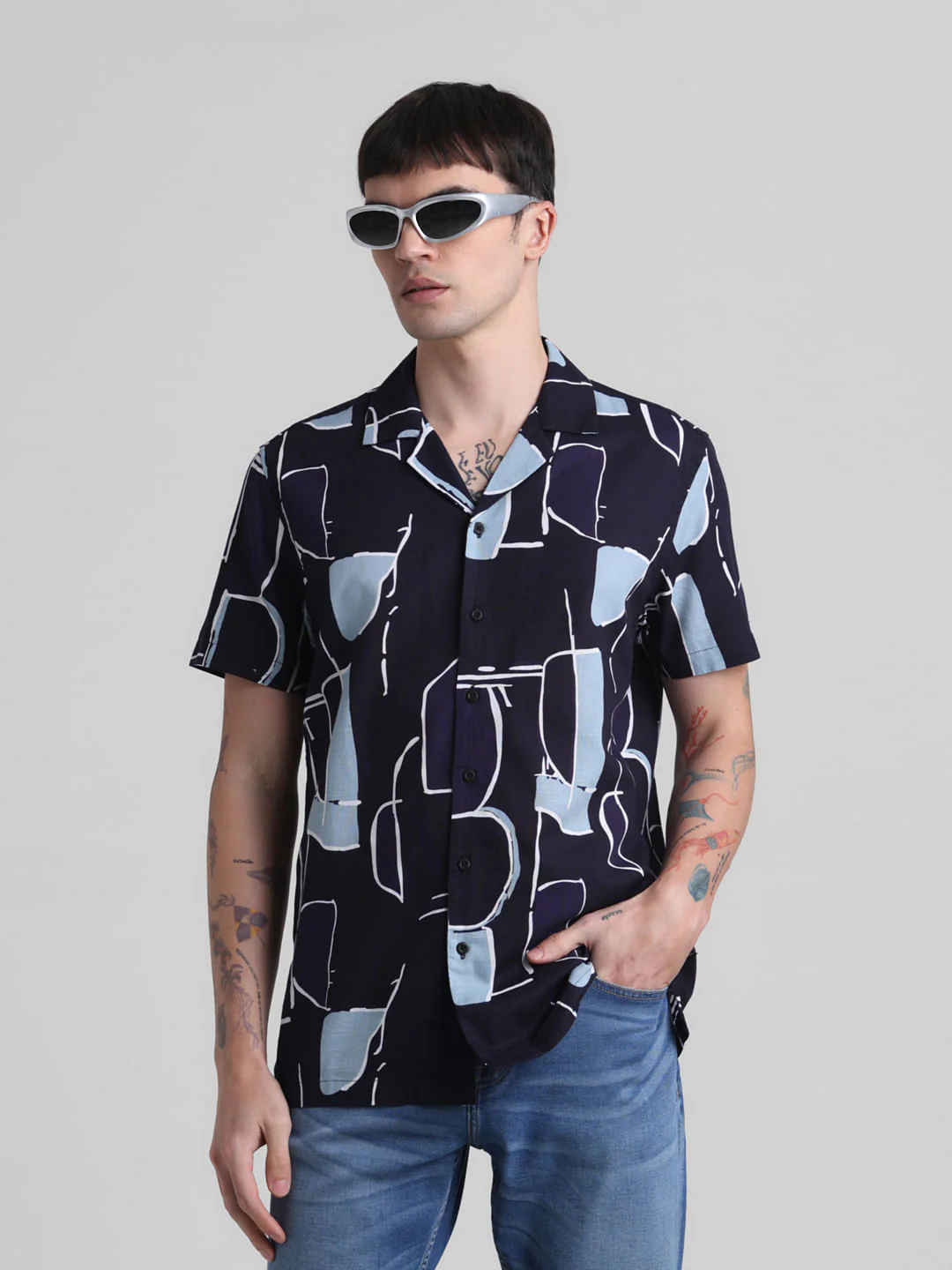 Blue Printed Short Sleeves Shirt