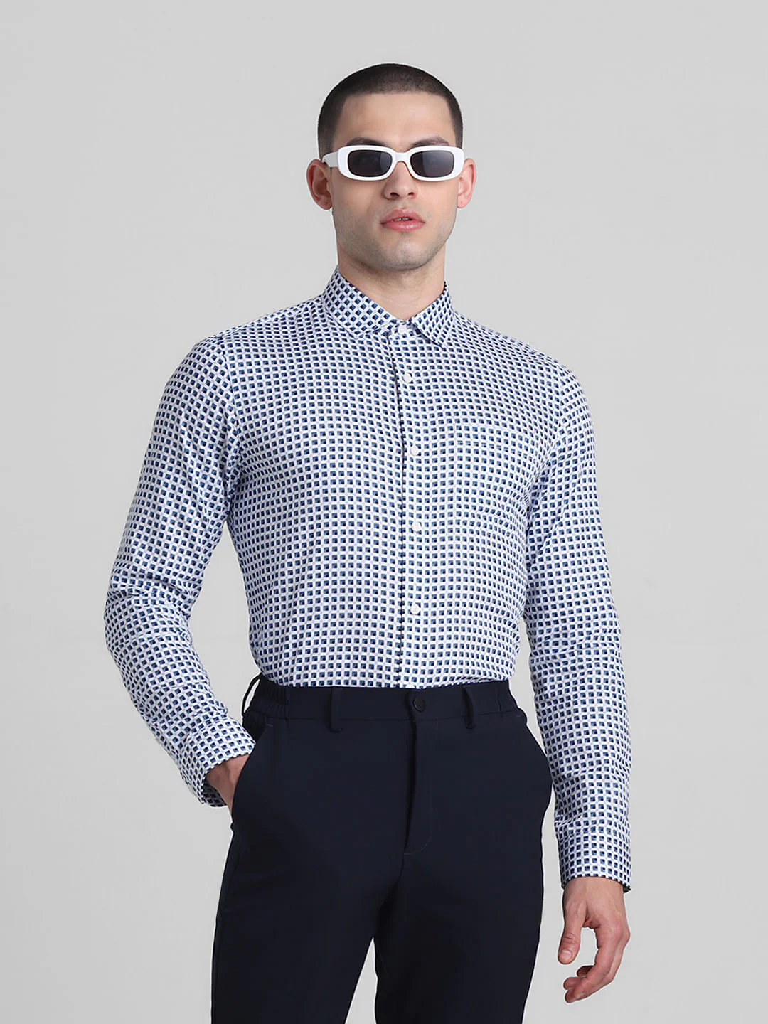 White & Blue Printed Dobby Shirt