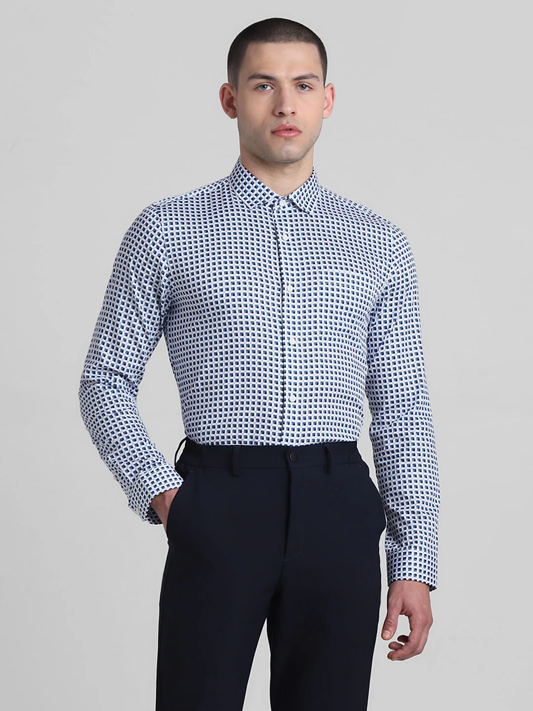 White & Blue Printed Dobby Shirt - Image 2