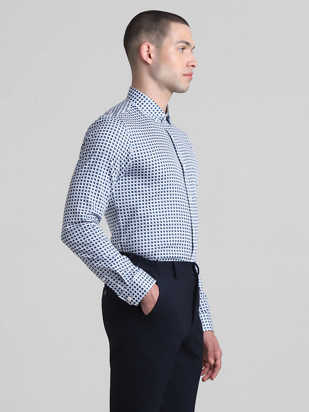 White & Blue Printed Dobby Shirt - Image 3