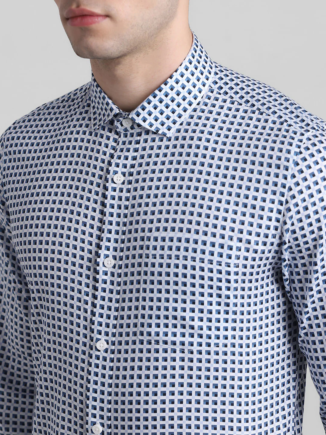 White & Blue Printed Dobby Shirt - Image 5