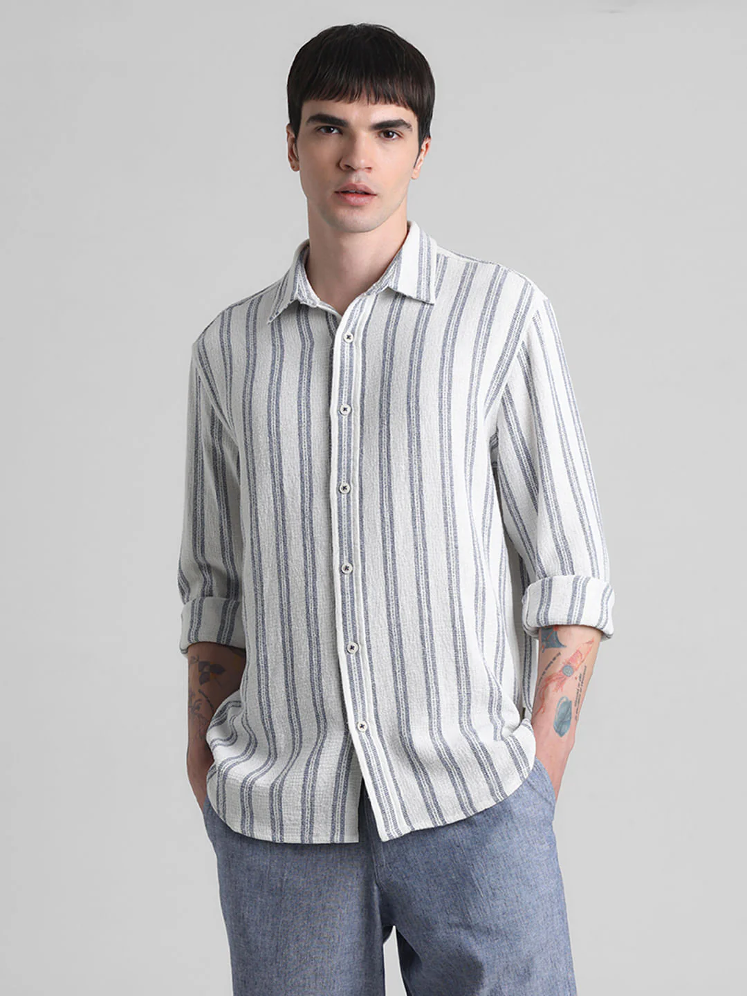 White Striped Dobby Full Sleeves Shirt - Image 2