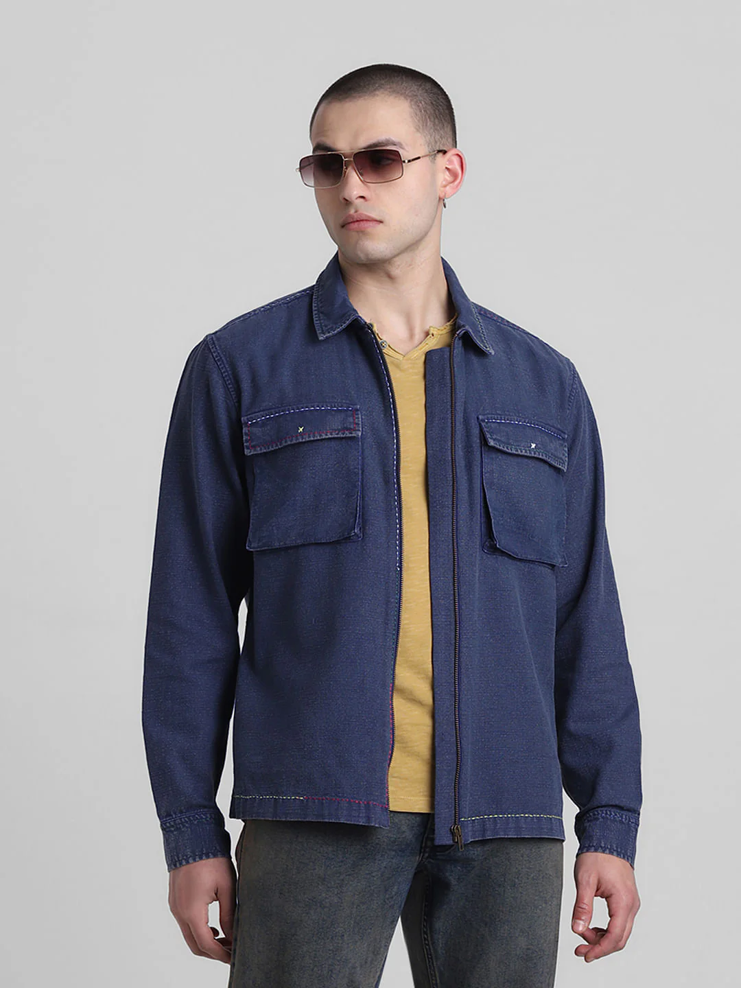 Blue Zip-Up Oversized Shirt